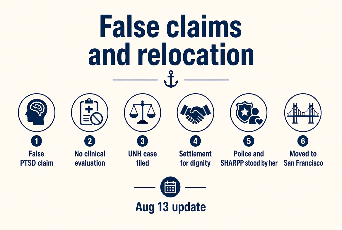 Timeline: false claims, court cases, support from SHARPP and police, relocation to San Francisco, Aug 13 update